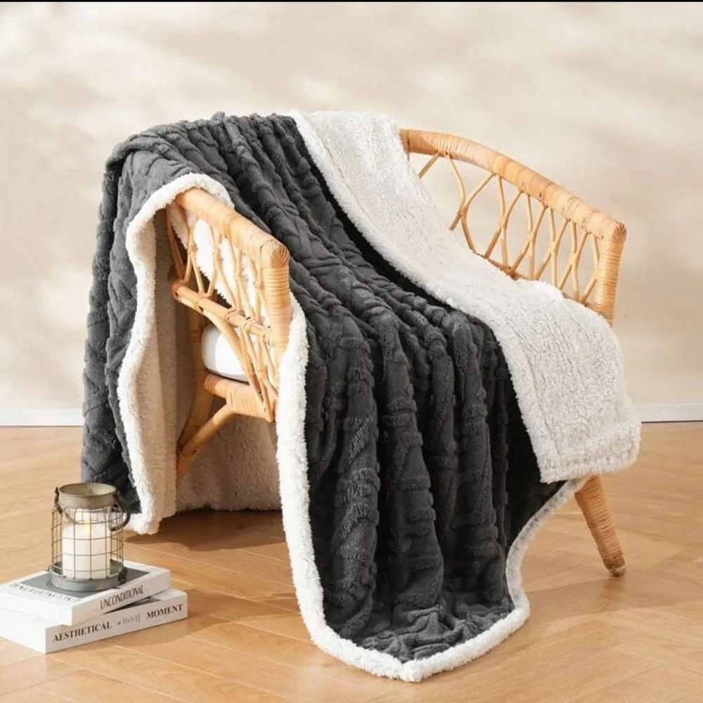 Grey Sherpa Fleece Throw Blanket Cable Knit Pattern 59” x 79” New Fall Winter